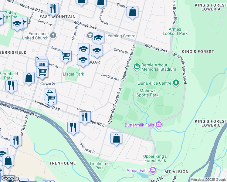 map of restaurants, bars, coffee shops, grocery stores, and more near 294 Locheed Drive in Hamilton