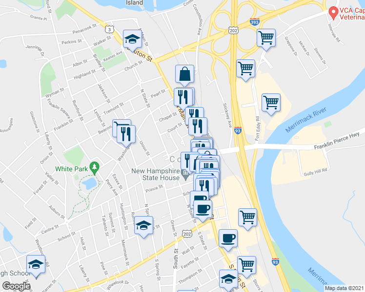 map of restaurants, bars, coffee shops, grocery stores, and more near 15 Pitman Street in Concord