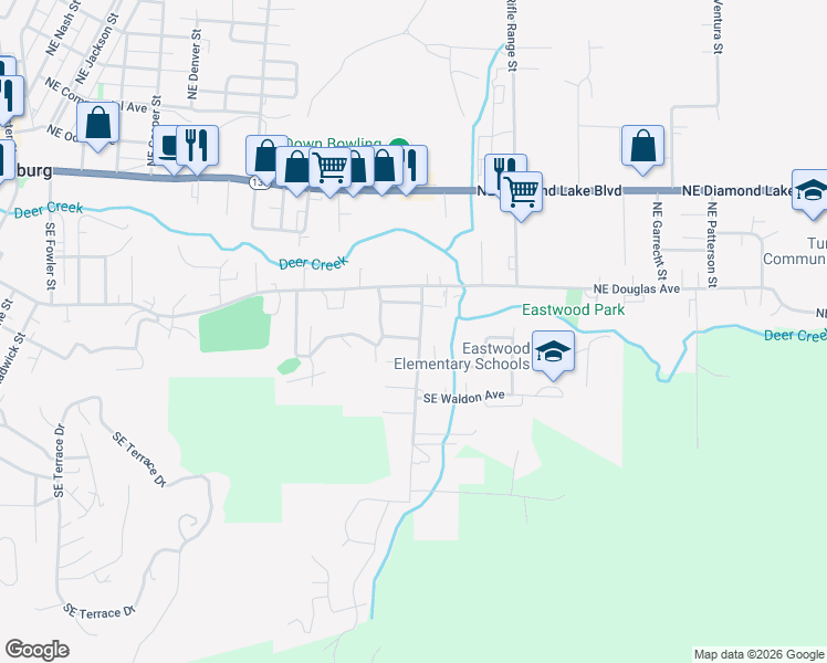 map of restaurants, bars, coffee shops, grocery stores, and more near 486 Southeast Ramp Road in Roseburg