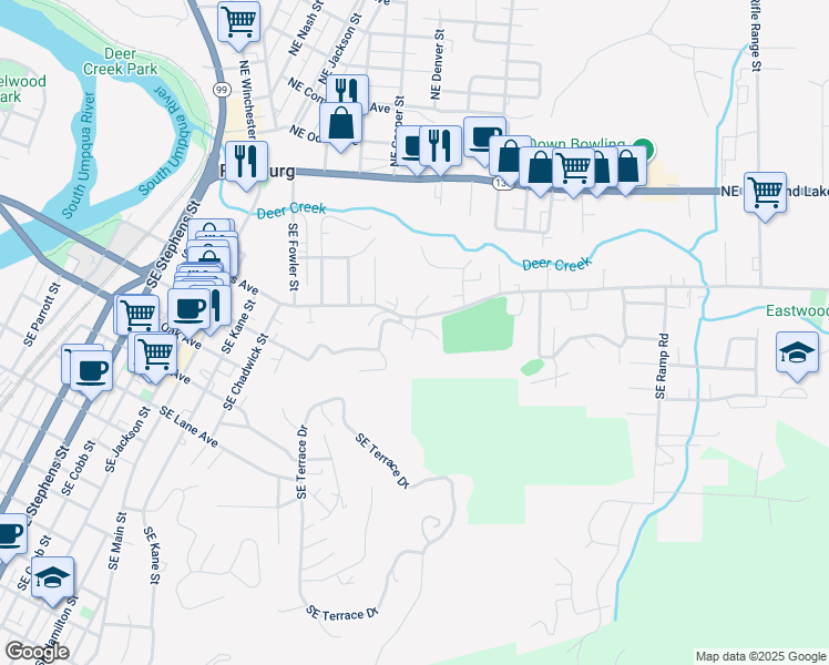 map of restaurants, bars, coffee shops, grocery stores, and more near 447 Southeast Dos Gatos Court in Roseburg