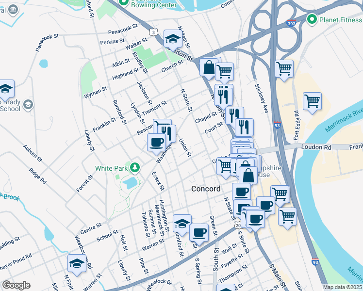 map of restaurants, bars, coffee shops, grocery stores, and more near 39 Washington Street in Concord