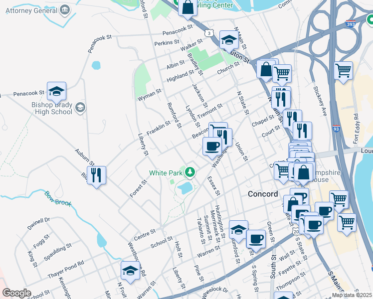 map of restaurants, bars, coffee shops, grocery stores, and more near 28 White Street in Concord