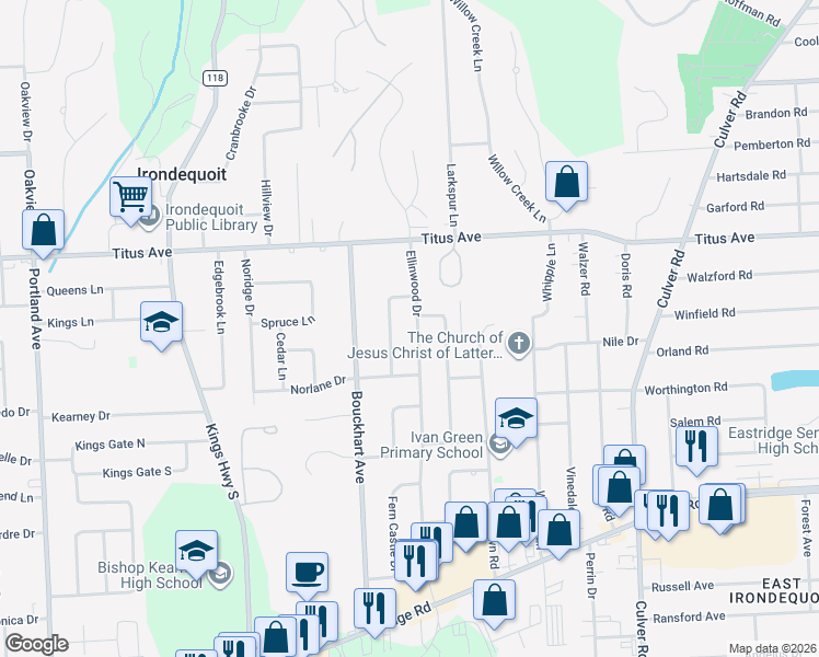 map of restaurants, bars, coffee shops, grocery stores, and more near 381 Ellinwood Drive in Rochester