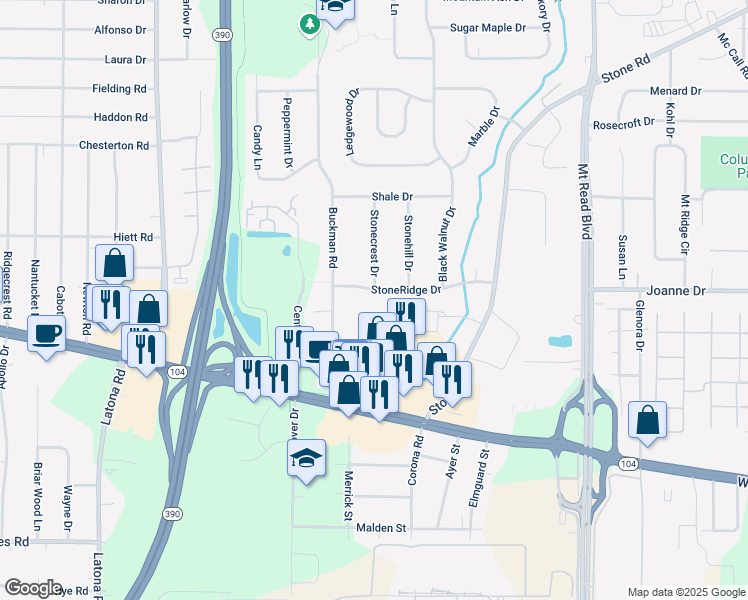 map of restaurants, bars, coffee shops, grocery stores, and more near 61 StoneRidge Drive in Rochester