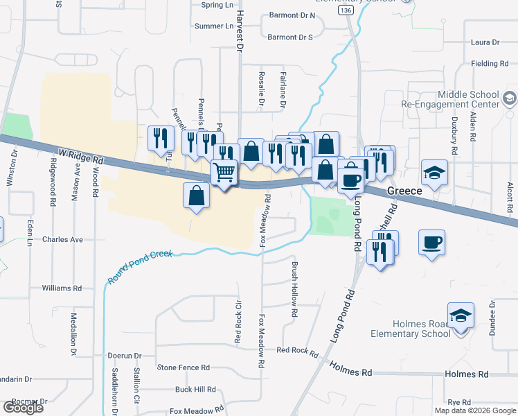 map of restaurants, bars, coffee shops, grocery stores, and more near 50 Fox Meadow Road in Rochester