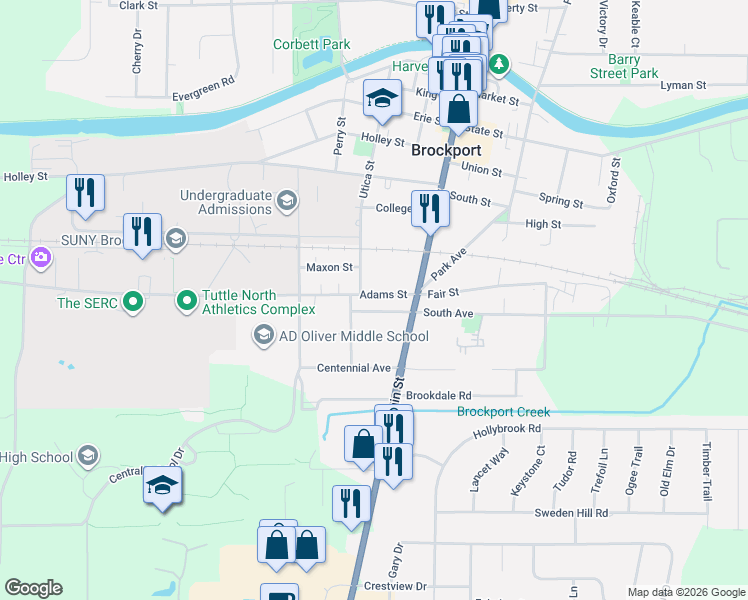 map of restaurants, bars, coffee shops, grocery stores, and more near 55 Adams Street in Brockport