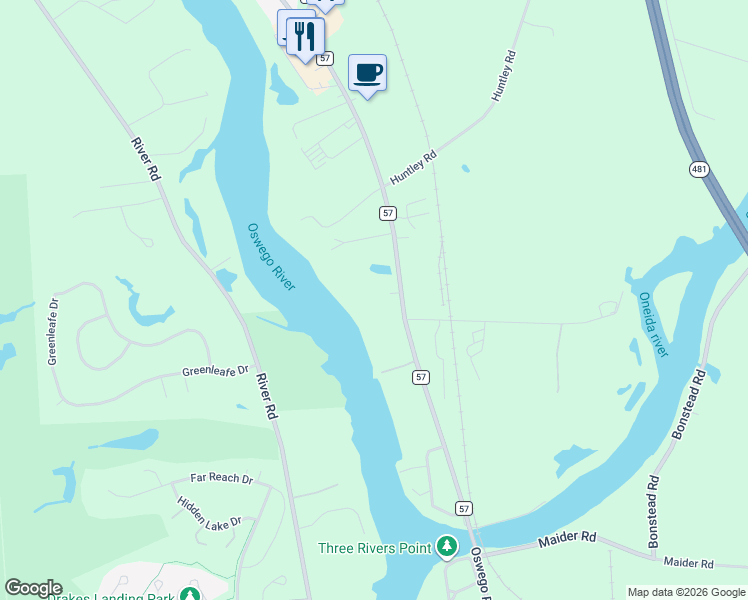 map of restaurants, bars, coffee shops, grocery stores, and more near 107-11 County Route 57 in Phoenix