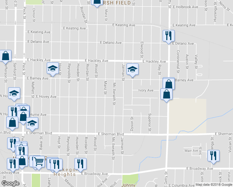 map of restaurants, bars, coffee shops, grocery stores, and more near 2336 Mc Ilwraith Street in Muskegon Heights