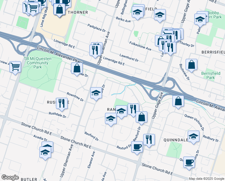 map of restaurants, bars, coffee shops, grocery stores, and more near 35 Millpond Place in Hamilton
