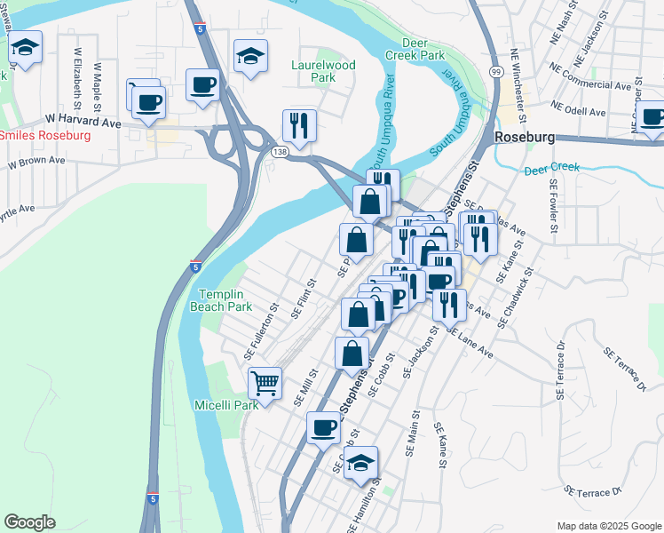 map of restaurants, bars, coffee shops, grocery stores, and more near 328 Southeast Lane Avenue in Roseburg