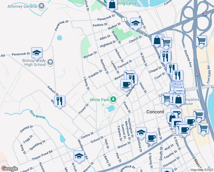 map of restaurants, bars, coffee shops, grocery stores, and more near 28 White Street in Concord