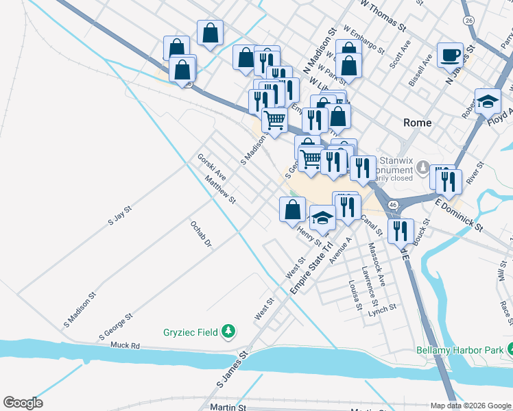 map of restaurants, bars, coffee shops, grocery stores, and more near 300-398 Matthew Street in Rome
