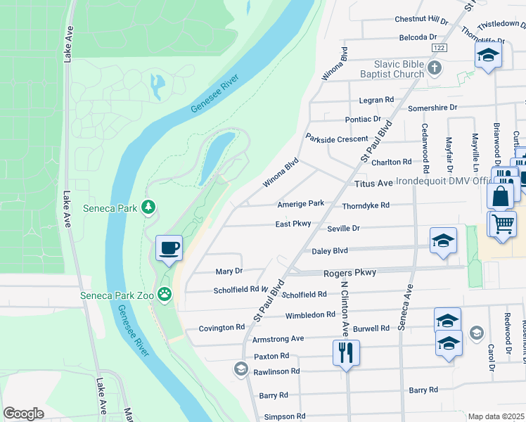 map of restaurants, bars, coffee shops, grocery stores, and more near 69 Amerige Park in Rochester