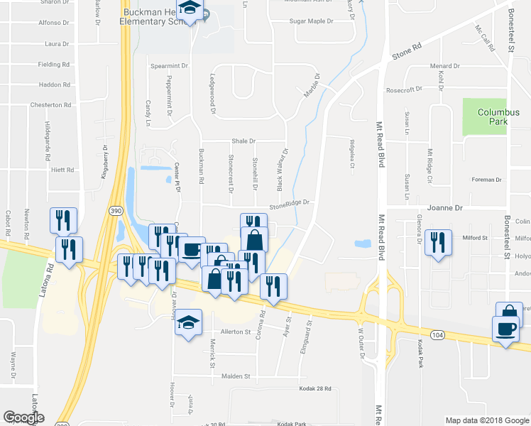 map of restaurants, bars, coffee shops, grocery stores, and more near 135 StoneRidge Drive in Rochester