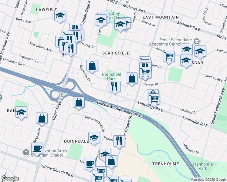 map of restaurants, bars, coffee shops, grocery stores, and more near in Hamilton