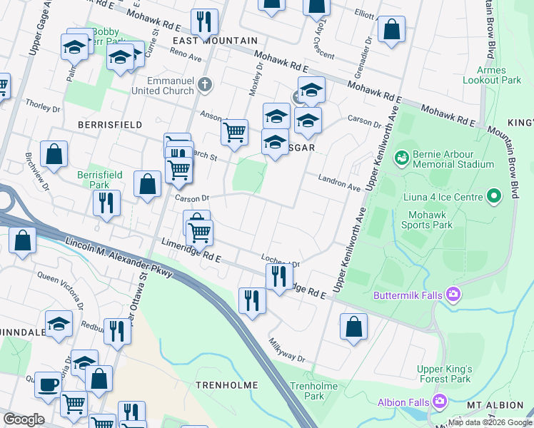 map of restaurants, bars, coffee shops, grocery stores, and more near 15 Kingsberry Street in Hamilton
