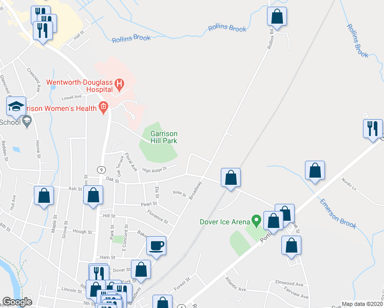 map of restaurants, bars, coffee shops, grocery stores, and more near 17 Highland Avenue in Rollinsford