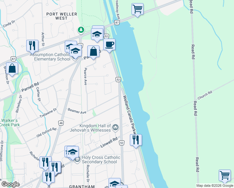 map of restaurants, bars, coffee shops, grocery stores, and more near 65 Beamer Avenue in St. Catharines