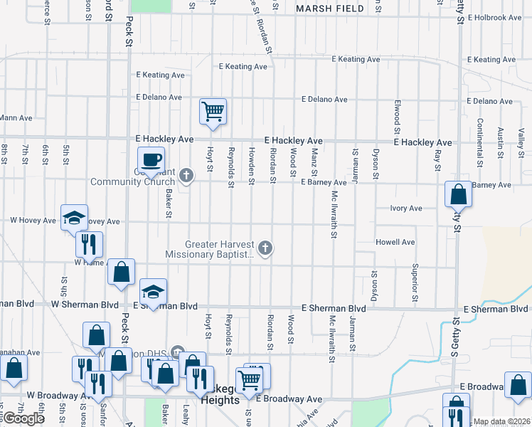 map of restaurants, bars, coffee shops, grocery stores, and more near 2345 Riordan Street in Muskegon Heights