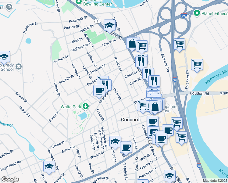 map of restaurants, bars, coffee shops, grocery stores, and more near 25 Union Street in Concord