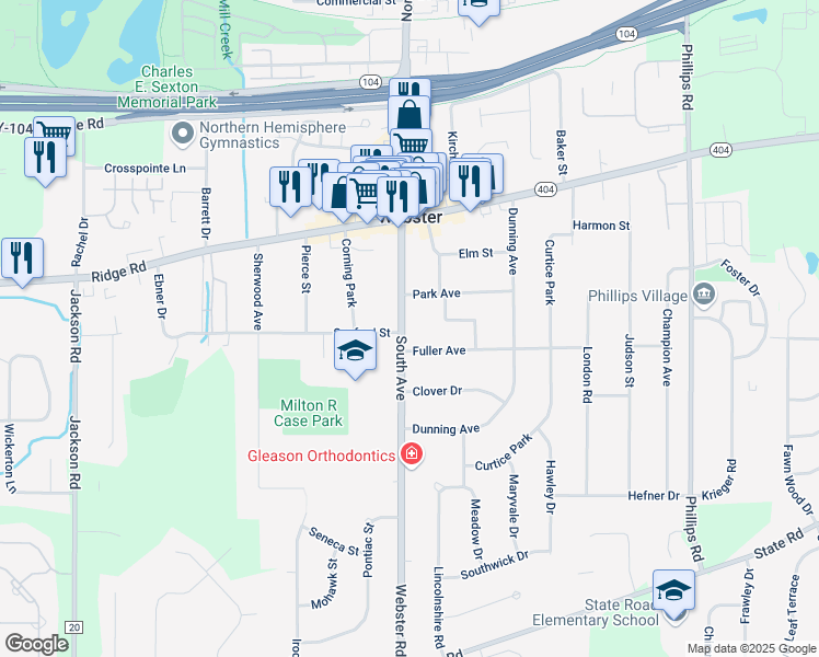 map of restaurants, bars, coffee shops, grocery stores, and more near 112 South Avenue in Webster