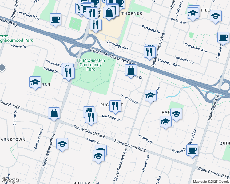 map of restaurants, bars, coffee shops, grocery stores, and more near 83 Rowntree Drive in Hamilton