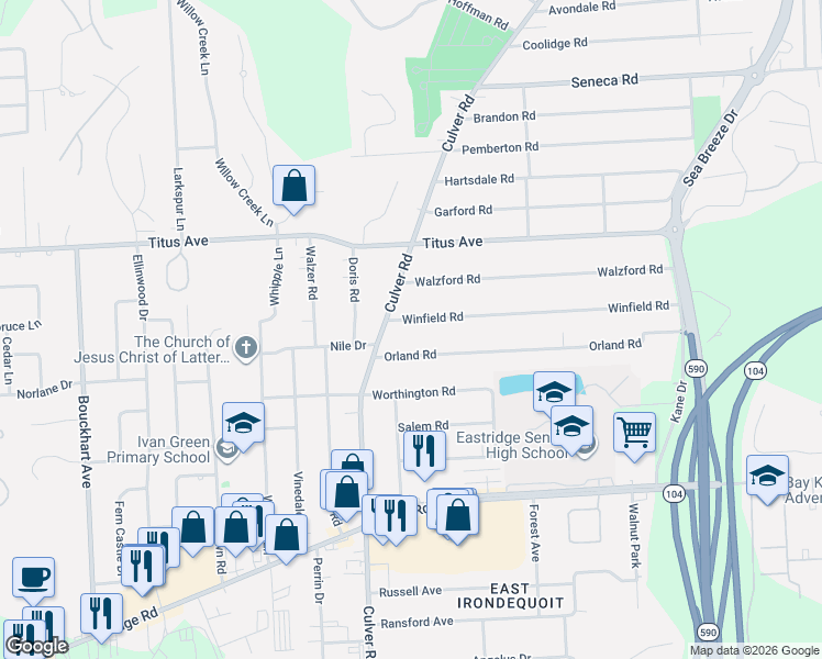 map of restaurants, bars, coffee shops, grocery stores, and more near 3302 Culver Road in Rochester
