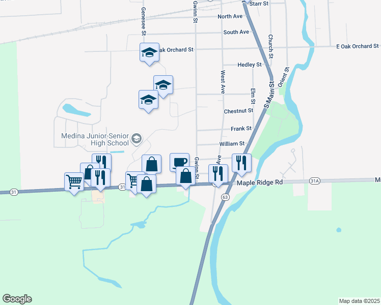 map of restaurants, bars, coffee shops, grocery stores, and more near 1070 Gwinn Street in Medina