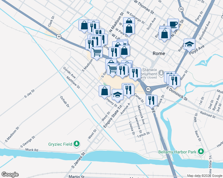 map of restaurants, bars, coffee shops, grocery stores, and more near 200 Ridge St in Rome