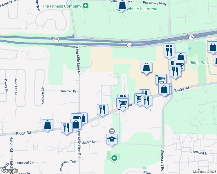 map of restaurants, bars, coffee shops, grocery stores, and more near 965 Cherry Ridge Boulevard in Webster