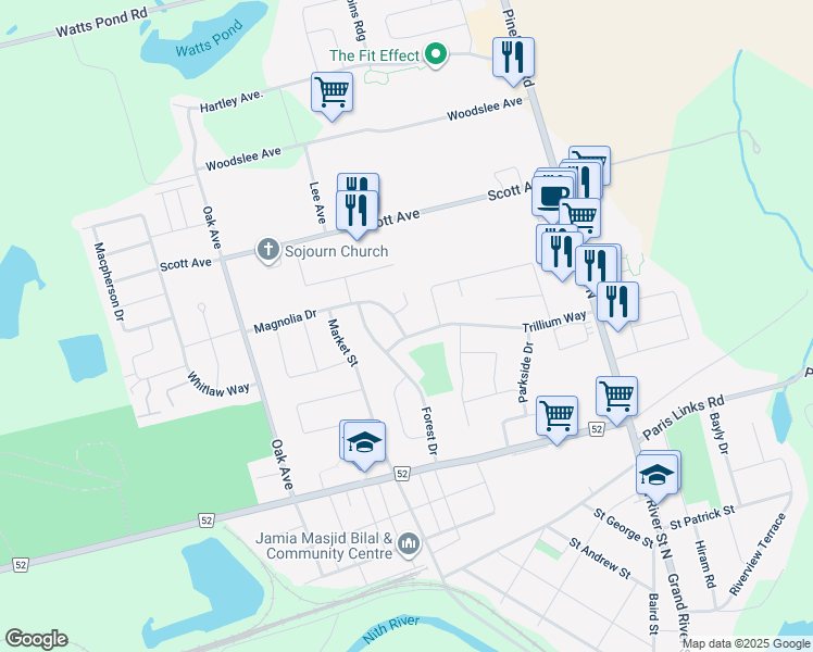 map of restaurants, bars, coffee shops, grocery stores, and more near 83 Magnolia Drive in Brant