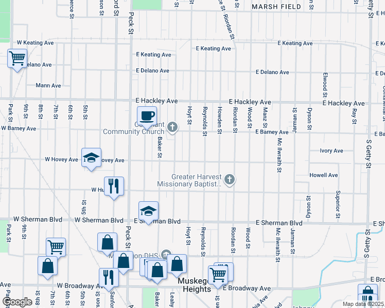 map of restaurants, bars, coffee shops, grocery stores, and more near 2340 Hoyt Street in Muskegon Heights