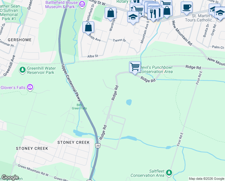 map of restaurants, bars, coffee shops, grocery stores, and more near 57 Ridge Road in Hamilton