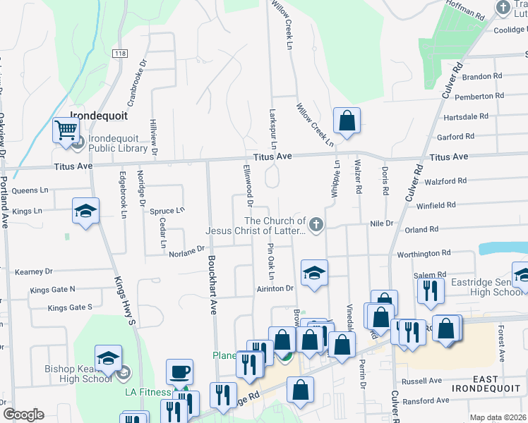 map of restaurants, bars, coffee shops, grocery stores, and more near 45 Flagstaff Drive in Irondequoit