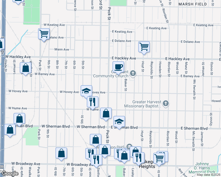 map of restaurants, bars, coffee shops, grocery stores, and more near 2336 Peck Street in Muskegon Heights
