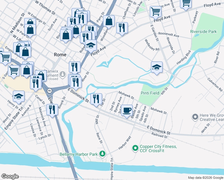map of restaurants, bars, coffee shops, grocery stores, and more near 311 Mohawk Street in Rome