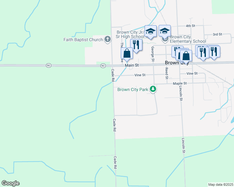 map of restaurants, bars, coffee shops, grocery stores, and more near 7115 Cade Road in Brown City