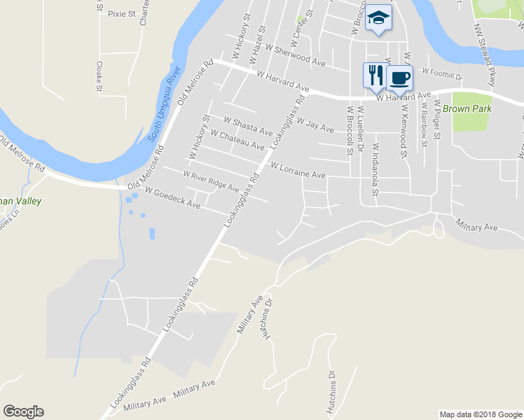 map of restaurants, bars, coffee shops, grocery stores, and more near 2961 West Toby Court in Roseburg