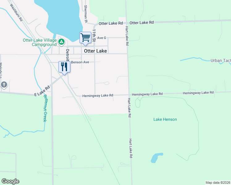 map of restaurants, bars, coffee shops, grocery stores, and more near 5522 Hemingway Lake Road in Otter Lake