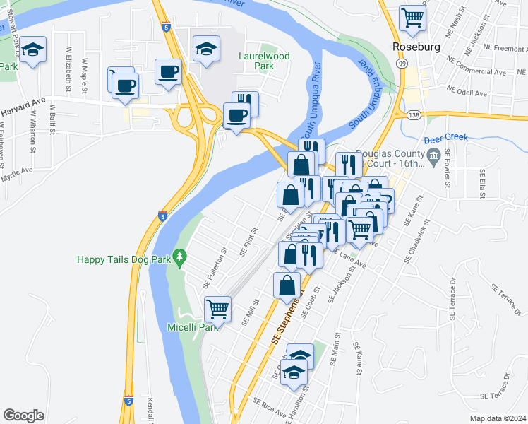 map of restaurants, bars, coffee shops, grocery stores, and more near 299 Southeast J R Lane in Roseburg