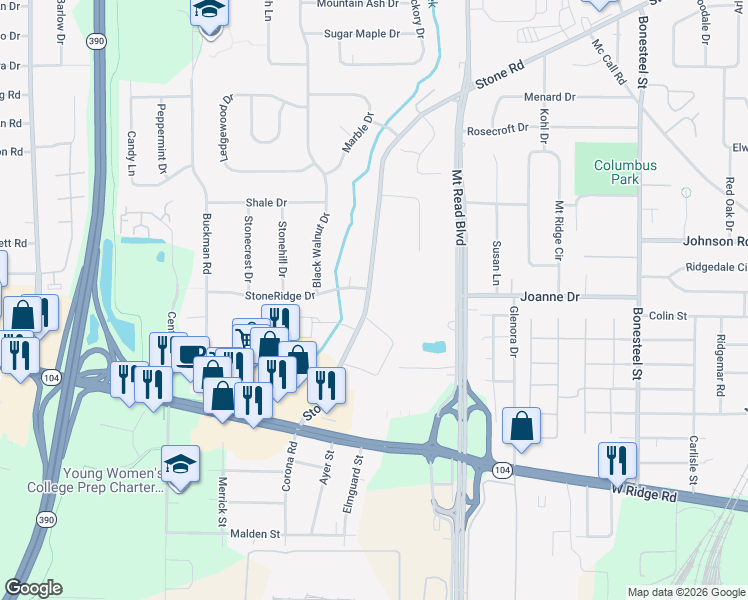 map of restaurants, bars, coffee shops, grocery stores, and more near 1677 Stone Road in Rochester