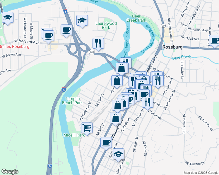 map of restaurants, bars, coffee shops, grocery stores, and more near 805 Southeast Flint Street in Roseburg