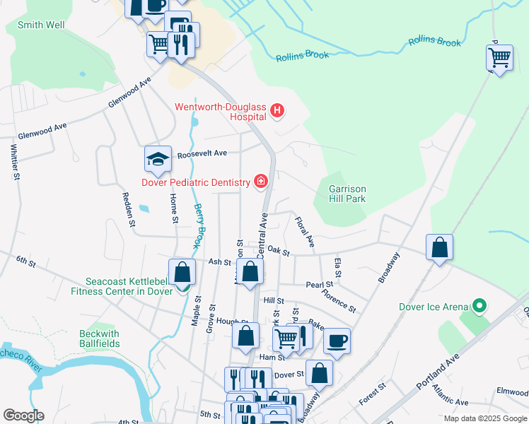 map of restaurants, bars, coffee shops, grocery stores, and more near 3 Brick Road in Dover