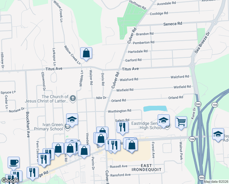 map of restaurants, bars, coffee shops, grocery stores, and more near 3302 Culver Road in Rochester