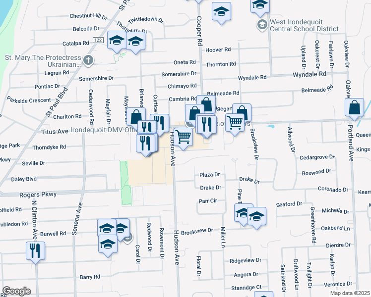 map of restaurants, bars, coffee shops, grocery stores, and more near 2194 Hudson Avenue in Rochester