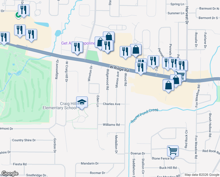 map of restaurants, bars, coffee shops, grocery stores, and more near 123 Ridgewood Road in Rochester