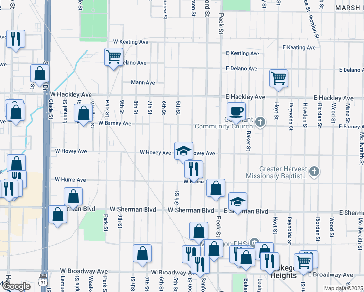 map of restaurants, bars, coffee shops, grocery stores, and more near 2345 5th Street in Muskegon Heights