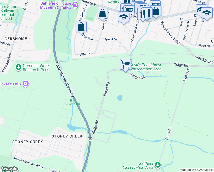 map of restaurants, bars, coffee shops, grocery stores, and more near 75 Ridge Road in Hamilton