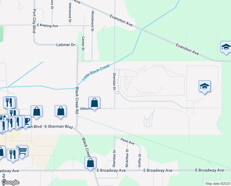 map of restaurants, bars, coffee shops, grocery stores, and more near 2400 South Sheridan Drive in Muskegon