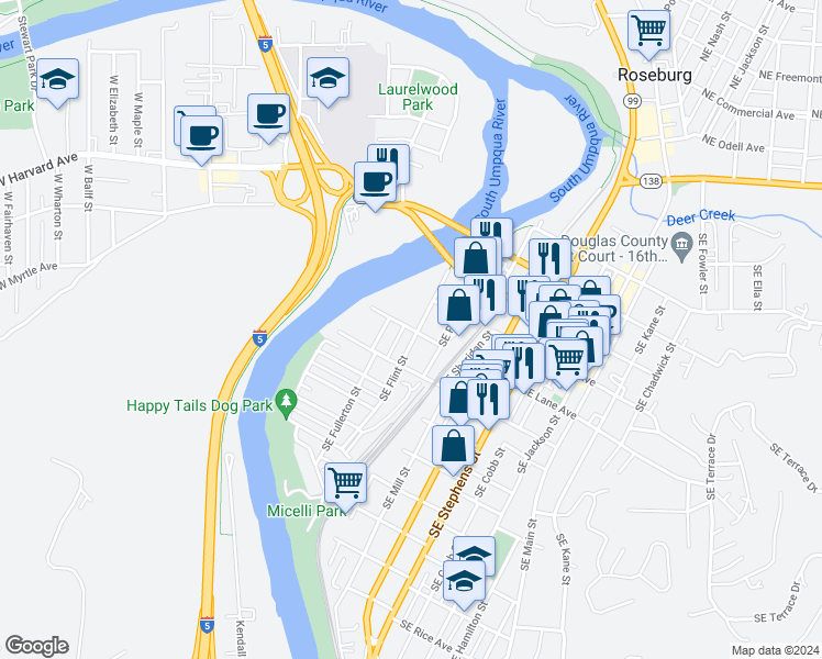 map of restaurants, bars, coffee shops, grocery stores, and more near 262 Southeast Lane Avenue in Roseburg